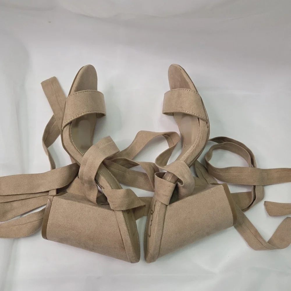 Lulus Alta Light Nude Faux Suede Lace-Up Heels Sz 7.5 Chic Flirty Party Feminine